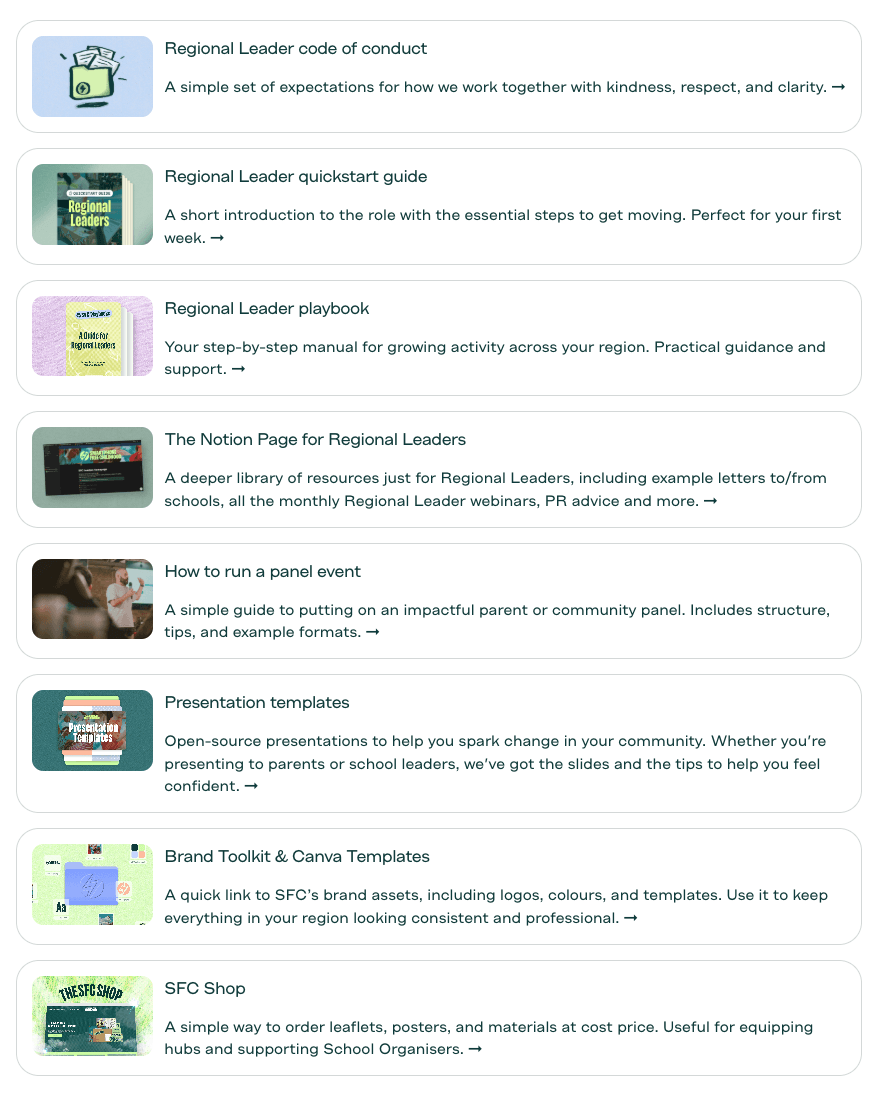 The Regional Leaders Hub tiles: code of conduct, quickstart guide, playbook, the Notion page, how to run a panel event, presentation templates, Brand Toolkit and Canva templates, and the SFC Shop